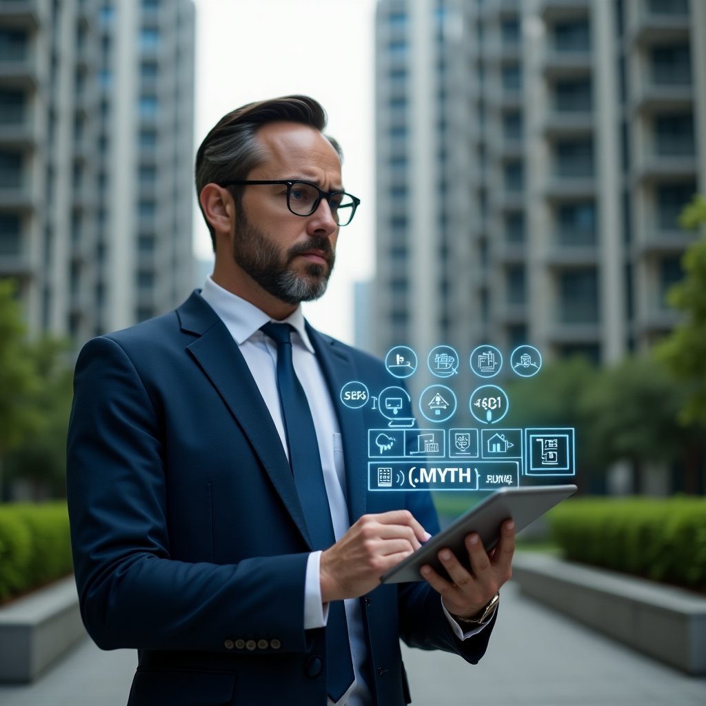 (Ultra-realistic condominium manager in a navy blue suit, set in a modern luxury condominium environment with high-rise buildings and green landscaping, holding a holographic tablet displaying condo management app icons and myth labels being crossed out, confidently analyzing the digital interface to debunk common myths, cinematic lighting, shallow depth of field, highly detailed textures, realistic skin, photographic realism, 8k resolution --ar 1:1 --v 6)