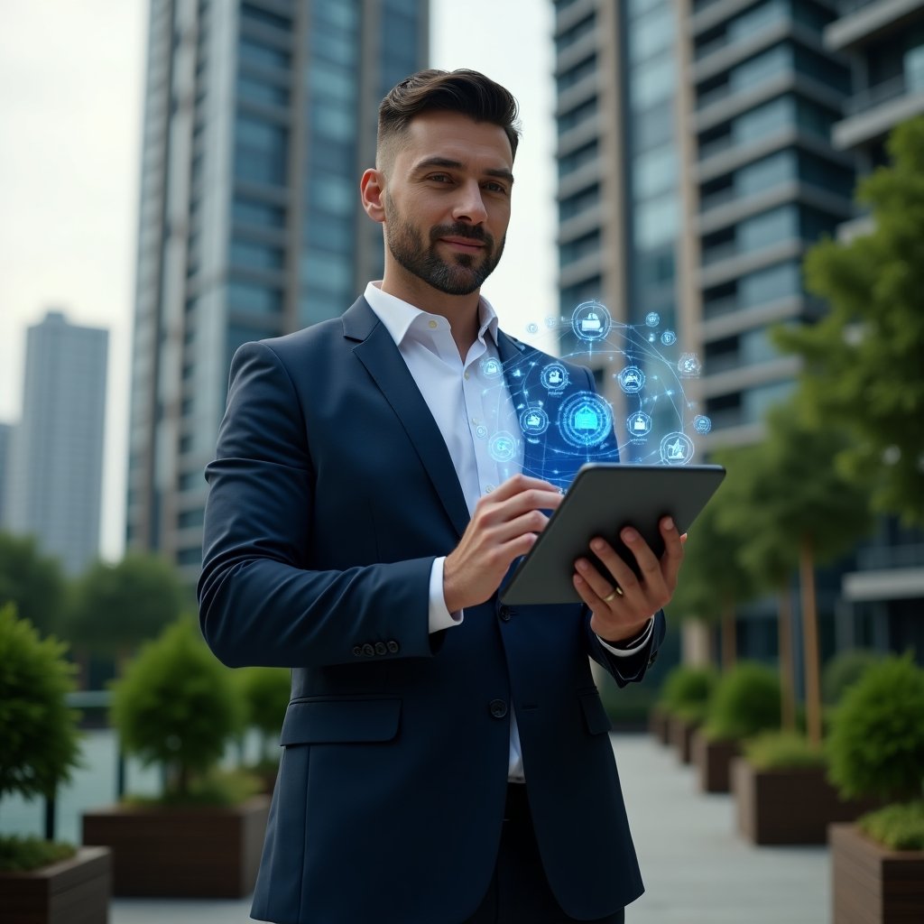 (Ultra-realistic condominium manager in a tailored navy suit, set in a modern luxury condominium environment with high-rise buildings and well-manicured greenery, confidently holding a tablet projecting a holographic condo management app interface while myth icons dissolve around it, cinematic lighting, shallow depth of field, highly detailed textures, realistic skin, photographic realism, 8k resolution --ar 1:1 --v 6)