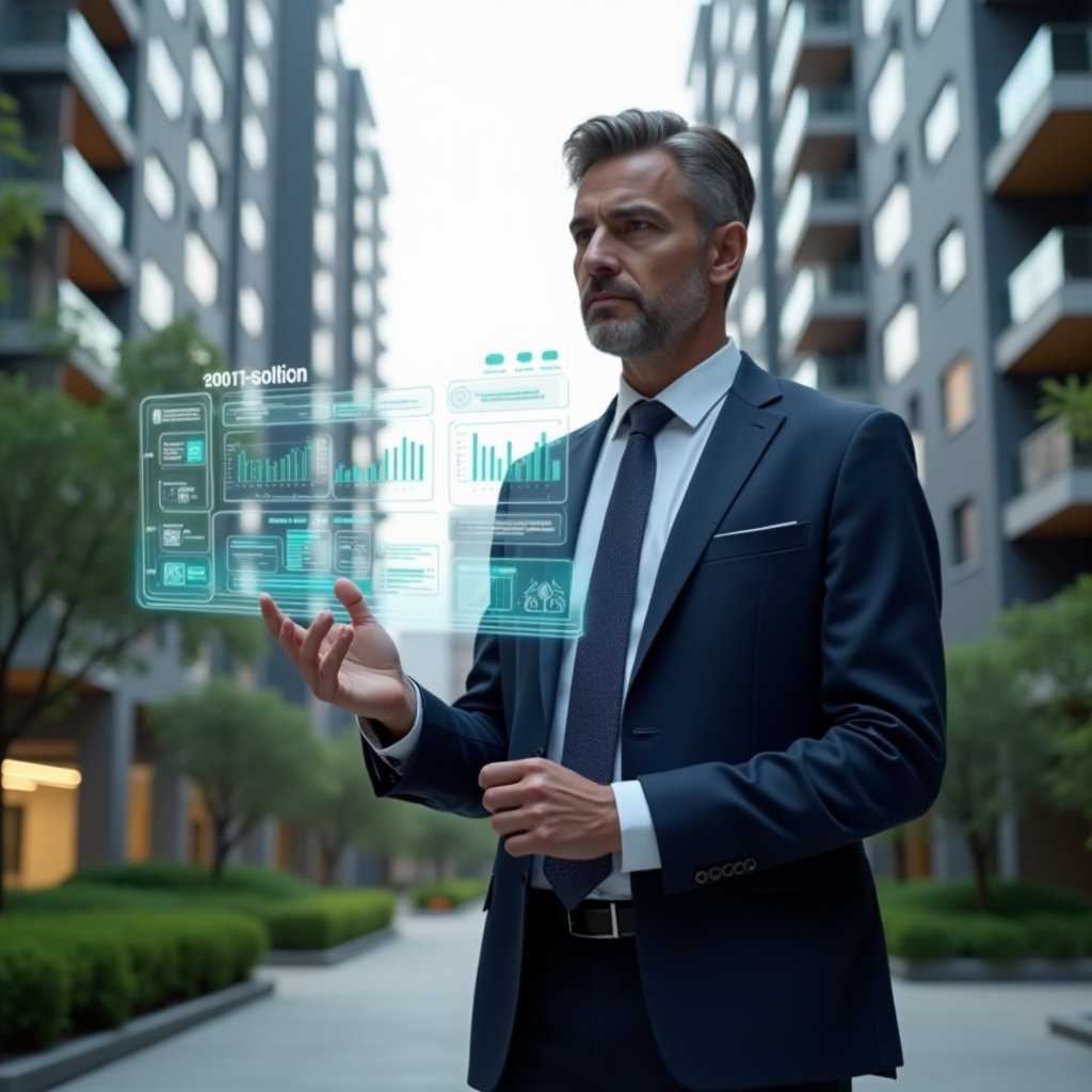 (Ultra-realistic condominium manager in a tailored navy suit, set in a modern luxury condominium environment with high-rise buildings and green landscaping, confidently interacting with a floating holographic dashboard of a condo management app displaying icons and charts, cinematic lighting, shallow depth of field, highly detailed textures, realistic skin, photographic realism, 8k resolution --ar 1:1 --v 6)