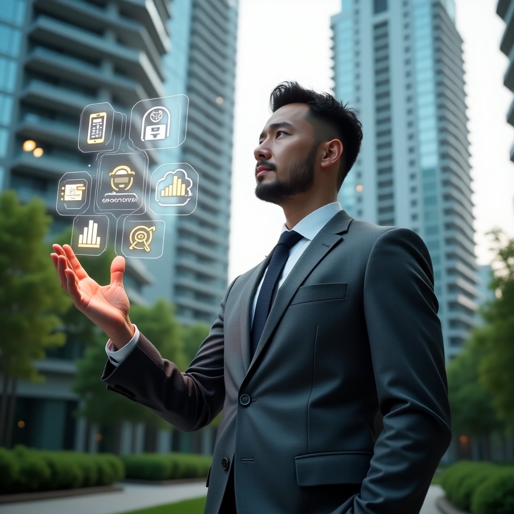 (Ultra-realistic condominium property manager in a charcoal-gray tailored suit, set in a modern luxury condominium environment with high-rise glass towers and lush green landscaping, medium close-up of the manager confidently interacting with a floating holographic interface displaying icons for instant messaging, cloud analytics and smart automation, futuristic and inspiring atmosphere, cinematic lighting, shallow depth of field, highly detailed textures, realistic skin, photographic realism, 8k resolution --ar 1:1 --v 6)