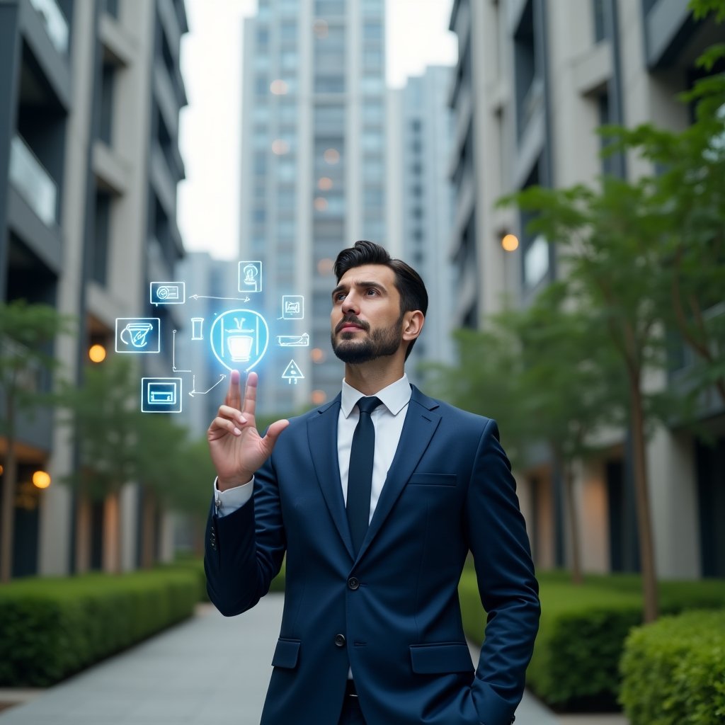 (Ultra-realistic condominium manager in a tailored navy blue suit, set in a modern luxury condominium environment with high-rise buildings and lush green landscaping, mid-shot of the manager interacting with floating holographic icons of smart lighting, climate control and energy efficiency, confident and visionary expression, cinematic lighting, shallow depth of field, highly detailed textures, realistic skin, photographic realism, 8k resolution --ar 1:1 --v 6)