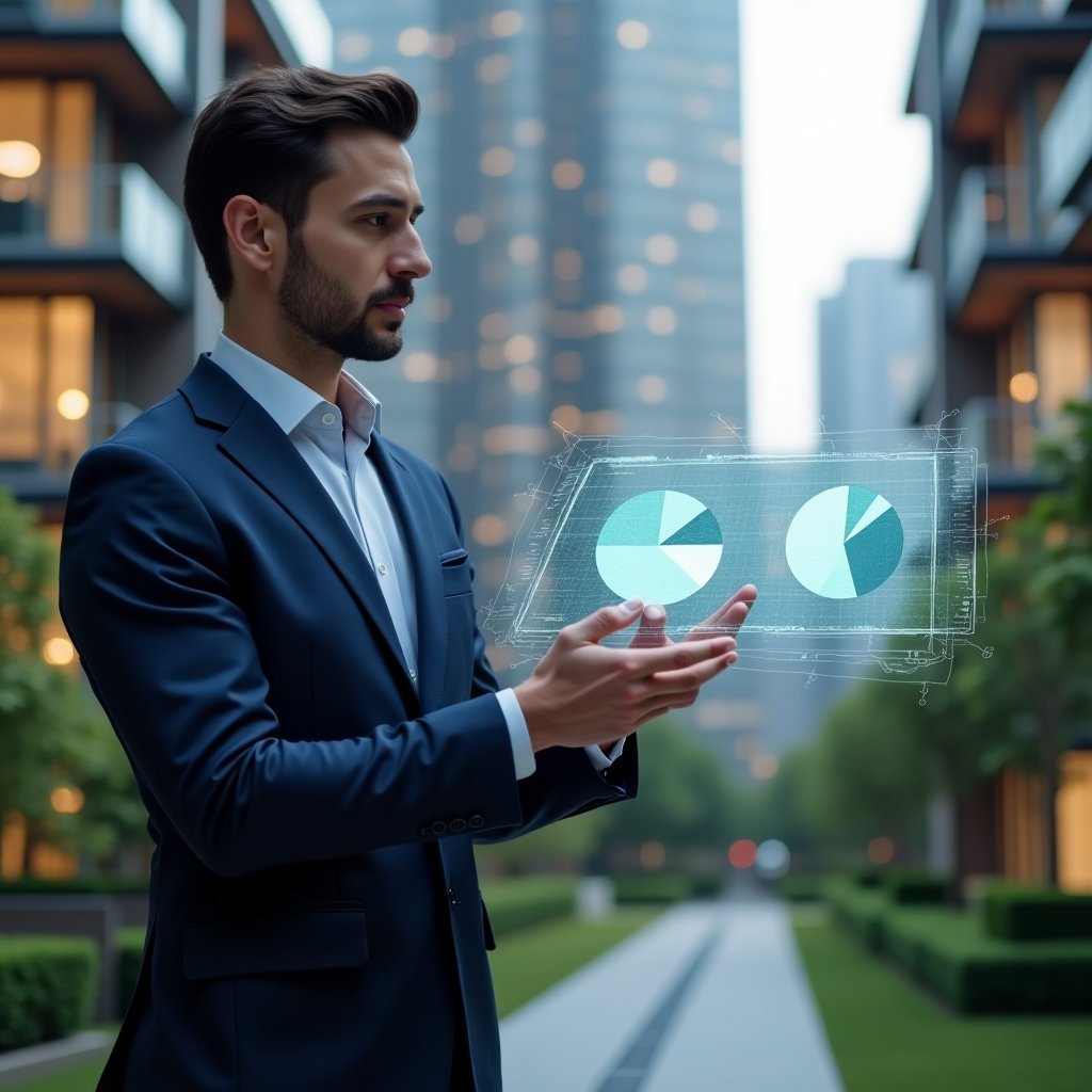 (Ultra-realistic condo manager in a tailored navy blue suit, set in a modern luxury condominium environment with high-rise buildings and lush green landscaping, confidently analyzing holographic fractional ratio charts over a floating condo floor plan, translucent pie chart overlay representing ideal unit fractions, cinematic lighting, shallow depth of field, highly detailed textures, realistic skin, photographic realism, 8k resolution --ar 1:1 --v 6)