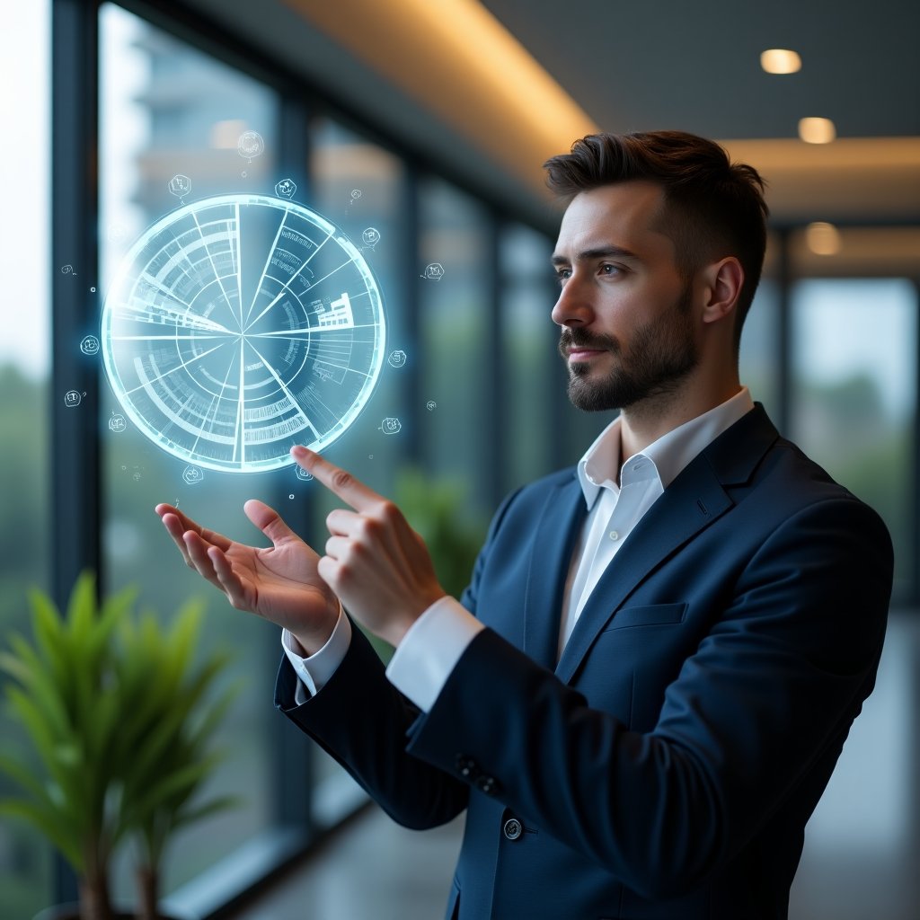 (Ultra-realistic condominium manager in a tailored navy suit with a crisp white shirt, set in a modern luxury condominium environment with sleek high-rise towers and manicured gardens, examining and pointing at a floating holographic pie chart representing unit fractions, digital icons of coins and building segments orbiting the chart, confident and focused expression, cinematic lighting, shallow depth of field, highly detailed textures, realistic skin, photographic realism, 8k resolution --ar 1:1 --v 6)