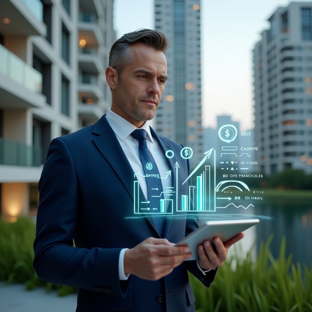 (Ultra-realistic condominium manager in a navy blue business suit, set in a modern luxury condominium environment with high-rise buildings and green landscaping, holding a transparent tablet and analyzing floating 3D holographic financial charts and budget graphs, with subtle money icons overlaying the scene, confident and focused expression, cinematic lighting, shallow depth of field, highly detailed textures, realistic skin, photographic realism, 8k resolution --ar 1:1 --v 6)