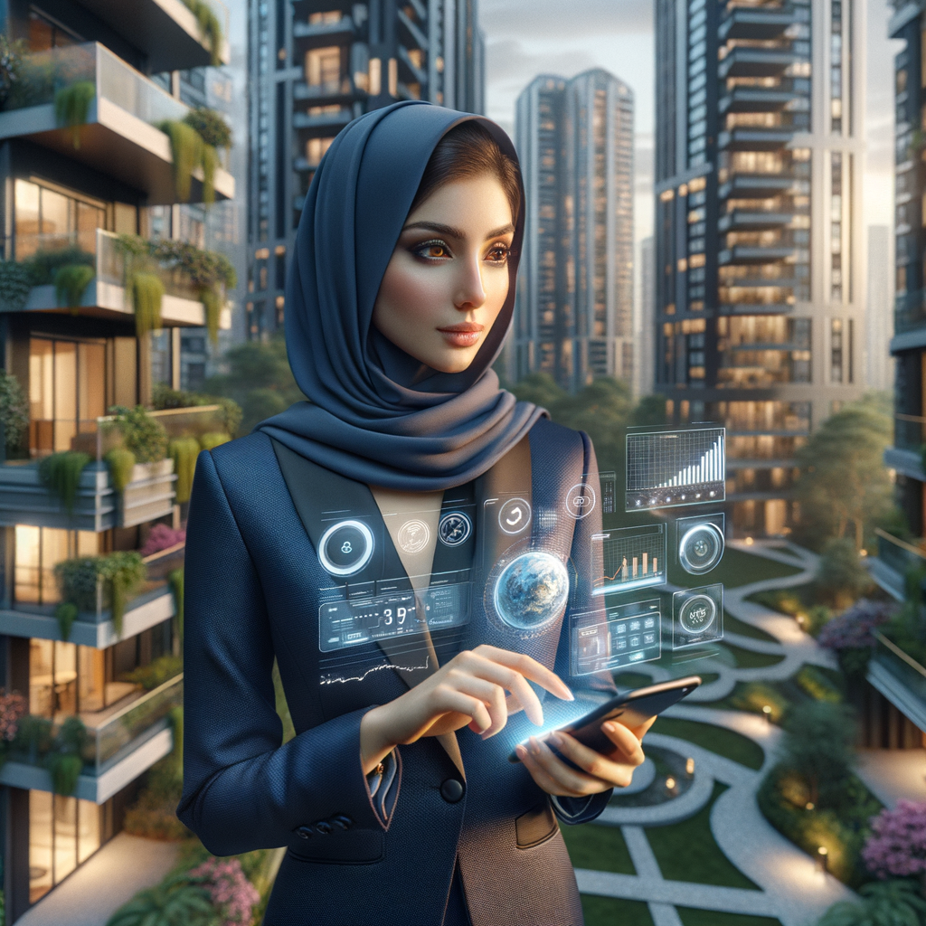 (Ultra-realistic condo manager in a navy blue tailored suit, set in a modern luxury condominium environment with high-rise buildings and green landscaping, holding a smartphone and interacting with a holographic dashboard displaying communication icons, financial charts, and calendar tasks, confident and focused expression, cinematic lighting, shallow depth of field, highly detailed textures, realistic skin, photographic realism, 8k resolution --ar 1:1 --v 6)