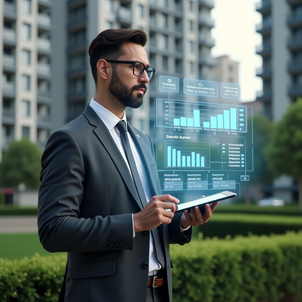 Ultra-realistic, photographic realism, cinematic lighting, 8k resolution, highly detailed, shallow depth of field, condominium manager in a charcoal gray tailored suit, set in a modern luxury condominium environment with high-rise buildings and lush green landscaping, holding a tablet and projecting a holographic budget chart with highlighted expenses and approval checkmarks, surrounded by floating financial graphs, confident and focused expression --ar 1:1 --v 6