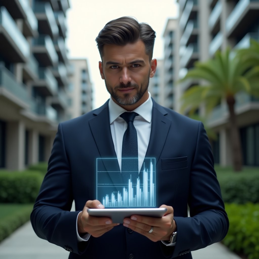 (Ultra-realistic condo manager in a dark navy suit, set in a modern luxury condominium environment with high-rise buildings and manicured green landscaping, holding a digital tablet displaying financial charts with a holographic bar graph of extraordinary expenses, with a focused and confident expression, cinematic lighting, shallow depth of field, highly detailed textures, realistic skin, photographic realism, 8k resolution --ar 1:1 --v 6)