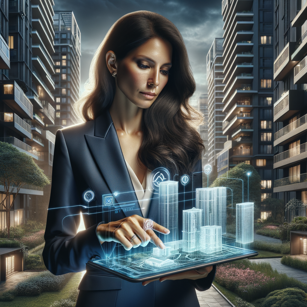 Ultra-realistic condominium manager in a tailored navy-blue suit, set in a modern luxury condominium environment with high-rise buildings and lush green landscaping, examining a holographic evacuation plan projected from a tablet, glowing escape route lines and meeting point icons hovering in the air, confident and focused expression, cinematic lighting, shallow depth of field, highly detailed textures, realistic skin, photographic realism, 8k resolution --ar 1:1 --v 6