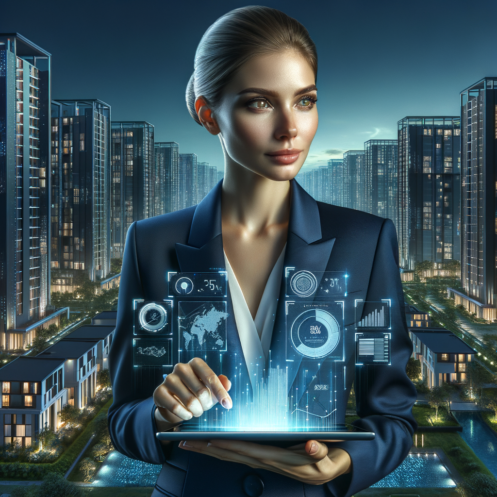 (Ultra-realistic condominium manager in a navy blue suit, set in a modern luxury condominium environment with high-rise buildings and lush green landscaping, holding a tablet displaying a holographic digital financial report, confident and focused expression, holographic charts and digital ledger icons floating around the tablet, cinematic lighting, shallow depth of field, highly detailed textures, realistic skin, photographic realism, 8k resolution --ar 1:1 --v 6)