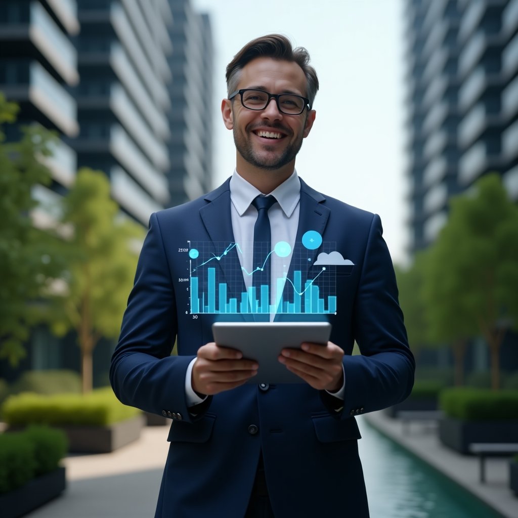 (Ultra-realistic condominium manager in a navy blue tailored suit, set in a modern luxury condominium environment with high-rise buildings and lush green landscaping, mid-shot of a confident professional holding a tablet projecting a holographic financial report, floating bar and pie charts and app icons around, cinematic lighting, shallow depth of field, highly detailed textures, realistic skin, photographic realism, 8k resolution --ar 1:1 --v 6)