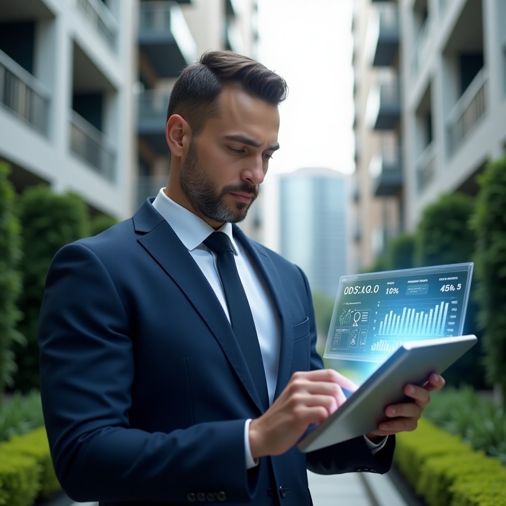 Ultra-realistic condominium manager in a navy blue tailored suit, set in a modern luxury condominium environment with high-rise buildings and manicured green landscaping, confidently interacting with a floating holographic financial dashboard on a sleek transparent tablet—symbolizing streamlined online accounting, transparency and error reduction—cinematic lighting, shallow depth of field, highly detailed textures, realistic skin, photographic realism, 8k resolution --ar 1:1 --v 6