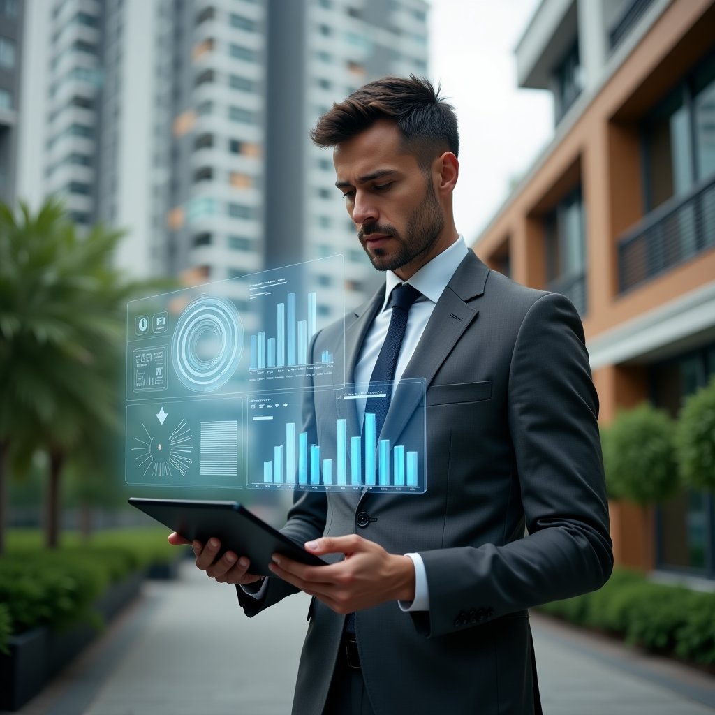 Ultra-realistic condominium manager in a charcoal gray suit, set in a modern luxury condominium environment with high-rise buildings and lush green landscaping, reviewing transparent digital financial dashboards on a tablet, floating holographic pie charts and bar graphs representing online accounting, confident and engaged expression, cinematic lighting, shallow depth of field, highly detailed textures, realistic skin, photographic realism, 8k resolution --ar 1:1 --v 6