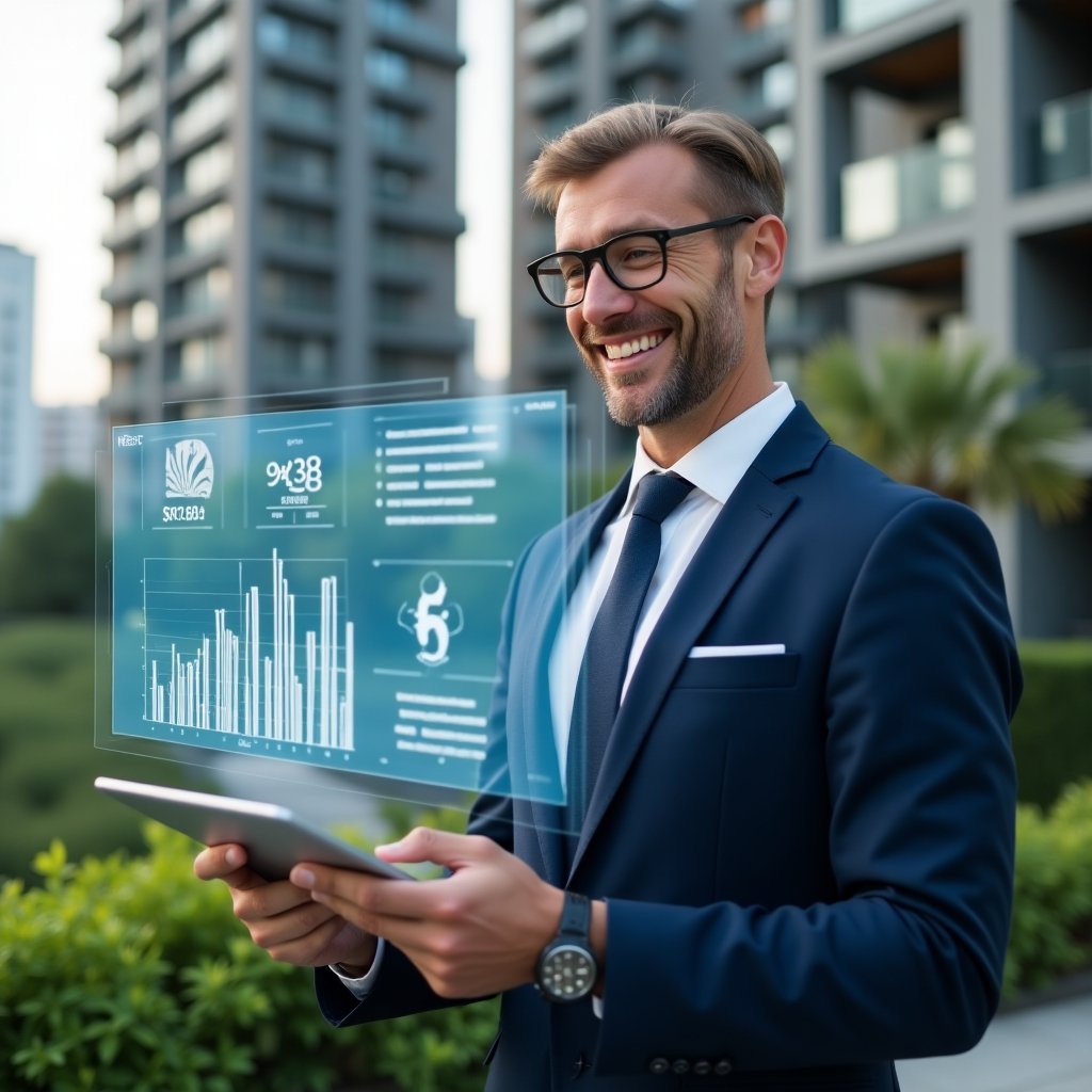 Ultra-realistic condominium manager in a navy blue business suit, set in a modern luxury condominium environment with high-rise buildings and lush green landscaping, holding a tablet and pointing at a floating holographic financial dashboard representing clear online accounting transparency, confident smile, cinematic lighting, shallow depth of field, highly detailed textures, realistic skin, photographic realism, 8k resolution --ar 1:1 --v 6