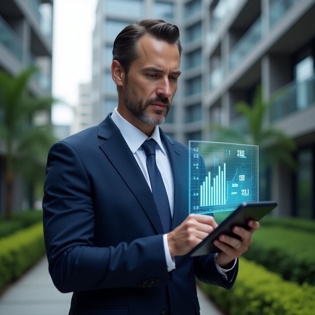 (Ultra-realistic condominium manager in a sleek dark blue executive suit, set in a modern luxury condominium environment with high-rise buildings and manicured green landscaping, mid shot of the manager holding a tablet displaying holographic financial charts and digital ledger icons, confident and focused expression as they review online accounts, cinematic lighting, shallow depth of field, highly detailed textures, realistic skin, photographic realism, 8k resolution --ar 1:1 --v 6)