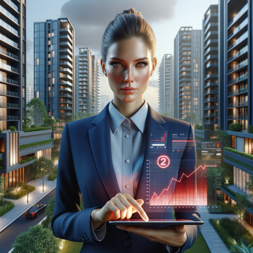 (Ultra-realistic condominium manager in a navy blue suit, set in a modern luxury condominium environment with high-rise buildings and green landscaping, holding a tablet displaying a financial report with a red “rejected” stamp, looking thoughtful and determined, holographic chart with red downward trend floating beside, cinematic lighting, shallow depth of field, highly detailed textures, realistic skin, photographic realism, 8k resolution --ar 1:1 --v 6)