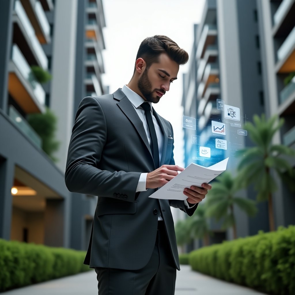 (Ultra-realistic property manager in a charcoal gray tailored suit, set in a modern luxury condominium environment with high-rise buildings and manicured green landscaping, mid shot of the manager thoughtfully examining a holographic financial report, floating 3D charts and document icons symbolizing account reviews, cinematic lighting, shallow depth of field, highly detailed textures, realistic skin, photographic realism, 8k resolution --ar 1:1 --v 6)