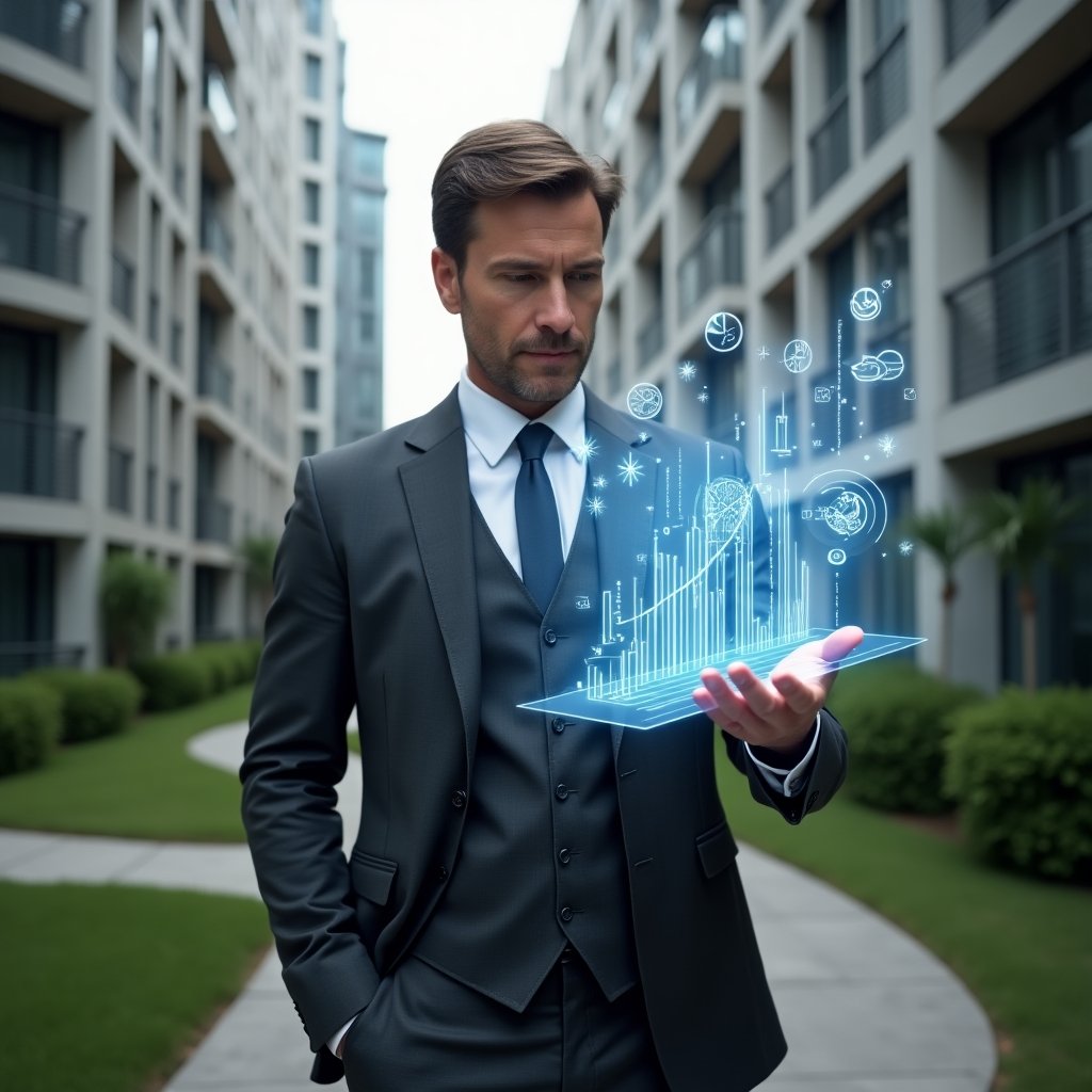 Ultra-realistic condominium manager in a charcoal gray executive suit, set in a modern luxury condominium environment with high-rise buildings and manicured green landscaping, reviewing a floating holographic financial chart with a confident, transparent gesture, symbolic holograms of pie charts and open ledger icons swirling around, cinematic lighting, shallow depth of field, highly detailed textures, realistic skin, photographic realism, 8k resolution --ar 1:1 --v 6