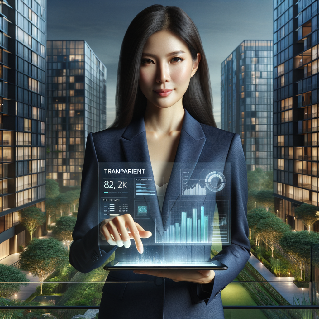 (Ultra-realistic condominium manager in a navy blue tailored suit, set in a modern luxury condominium environment with high-rise buildings and manicured green landscaping, presenting a transparent financial report on a digital tablet with a focused and confident expression, holographic financial charts and graphs hovering above the tablet symbolizing clarity and transparency, cinematic lighting, shallow depth of field, highly detailed textures, realistic skin, photographic realism, 8k resolution --ar 1:1 --v 6)