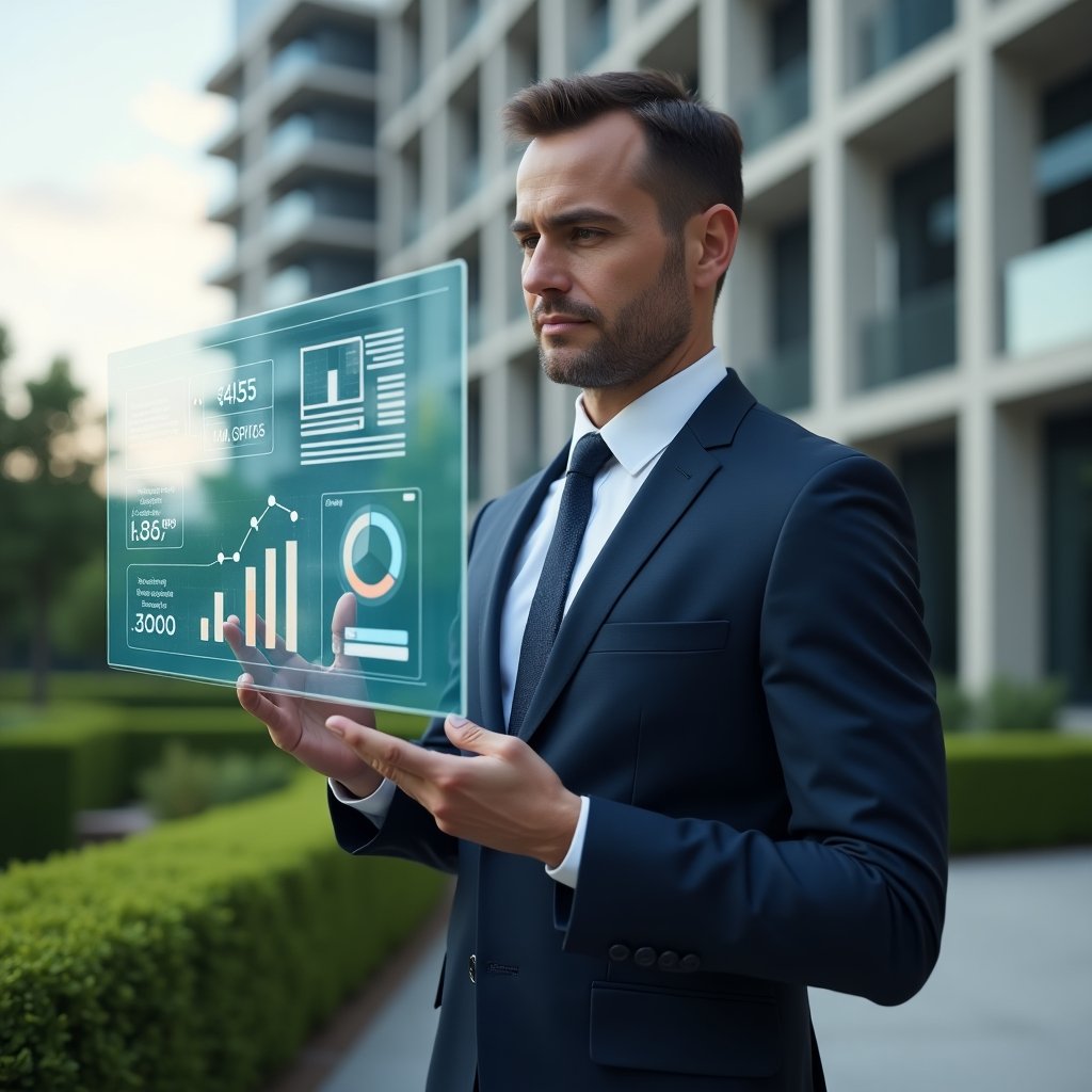Ultra-realistic condominium manager in a tailored navy suit, set in a modern luxury condominium environment with high-rise buildings and manicured green landscaping, medium shot of a confident manager reviewing a floating holographic financial dashboard with clear graphs, pie charts and transparency icons symbolizing trust in accounting, cinematic lighting, shallow depth of field, highly detailed textures, realistic skin, photographic realism, 8k resolution --ar 1:1 --v 6
