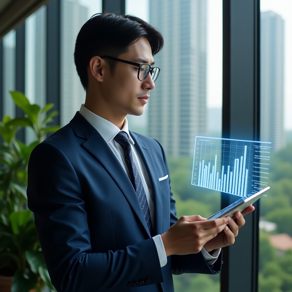 Ultra-realistic condominium manager in a navy business suit, set in a modern luxury condominium environment with high-rise buildings and lush green landscaping, reviewing holographic financial charts projected from a tablet displaying an intuitive condo management app interface, conveying confidence and transparency, cinematic lighting, shallow depth of field, highly detailed textures, realistic skin, photographic realism, 8k resolution --ar 1:1 --v 6