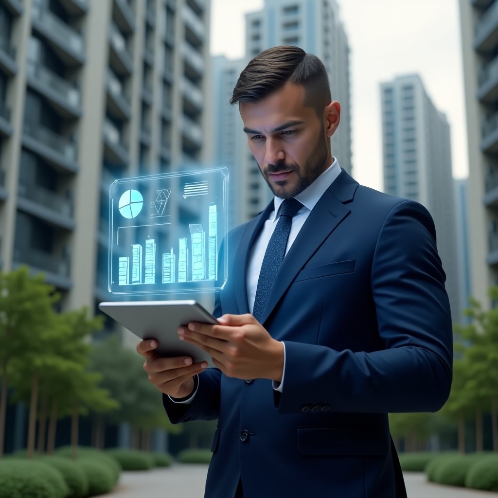(Ultra-realistic condominium manager in a navy blue suit, set in a modern luxury condominium environment with high-rise buildings and green landscaping, confidently holding a tablet displaying holographic transparent financial charts, with floating ledger icons and pie chart elements around, cinematic lighting, shallow depth of field, highly detailed textures, realistic skin, photographic realism, 8k resolution --ar 1:1 --v 6)