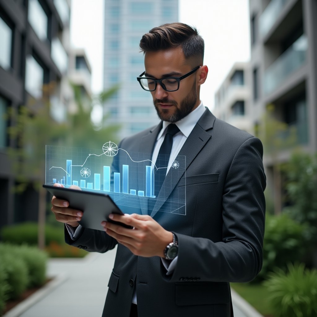Ultra-realistic property manager in a charcoal gray tailored suit, set in a modern luxury condominium environment with high-rise buildings and manicured green landscaping, examining a tablet displaying semi-transparent financial charts with floating holographic graphs, confident and focused expression, holographic icons symbolizing transparency and trust, cinematic lighting, shallow depth of field, highly detailed textures, realistic skin, photographic realism, 8k resolution --ar 1:1 --v 6
