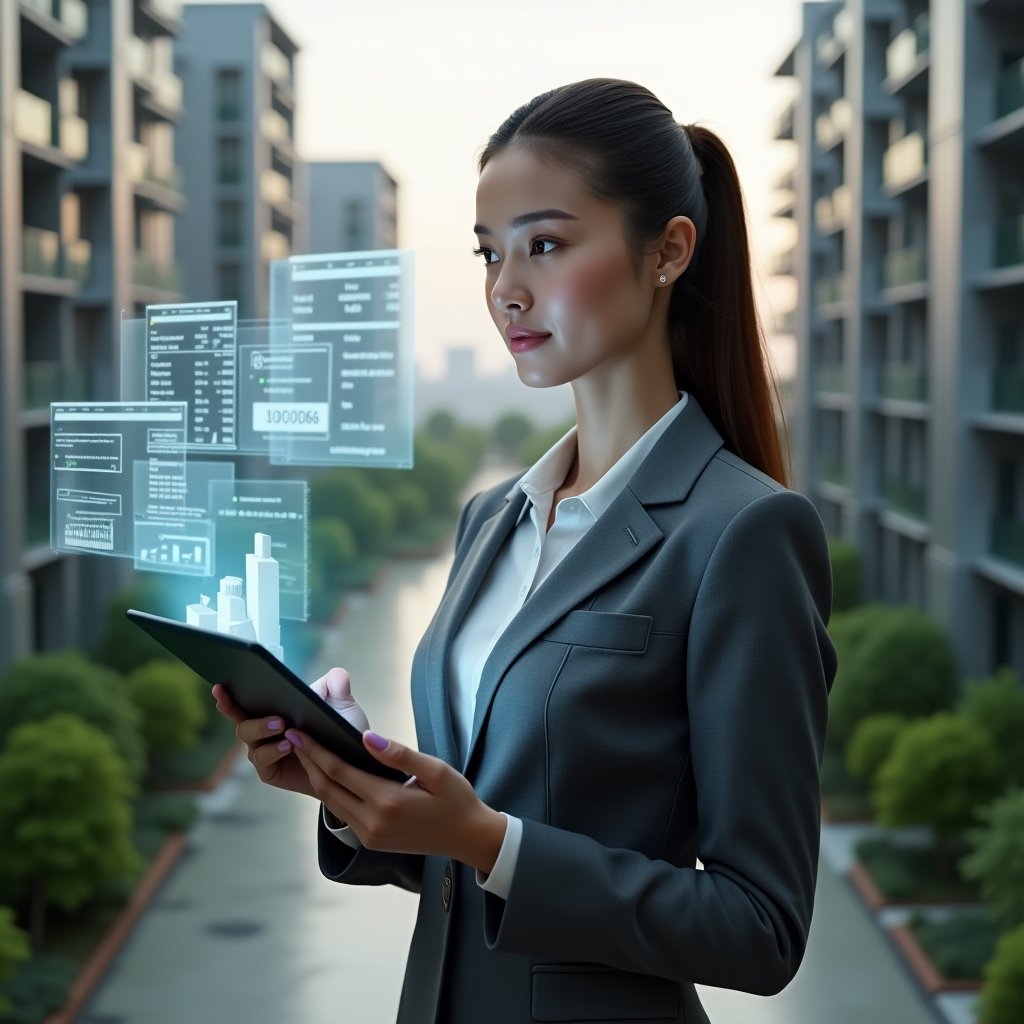 (Ultra-realistic condominium manager in a charcoal gray tailored suit, mid shot, holding a tablet projecting transparent holographic financial charts and reports, with floating budget and receipt icons around her, set in a modern luxury condominium environment with high-rise buildings and lush green landscaping, confident and thoughtful expression, cinematic lighting, shallow depth of field, highly detailed textures, realistic skin, photographic realism, 8k resolution --ar 1:1 --v 6)