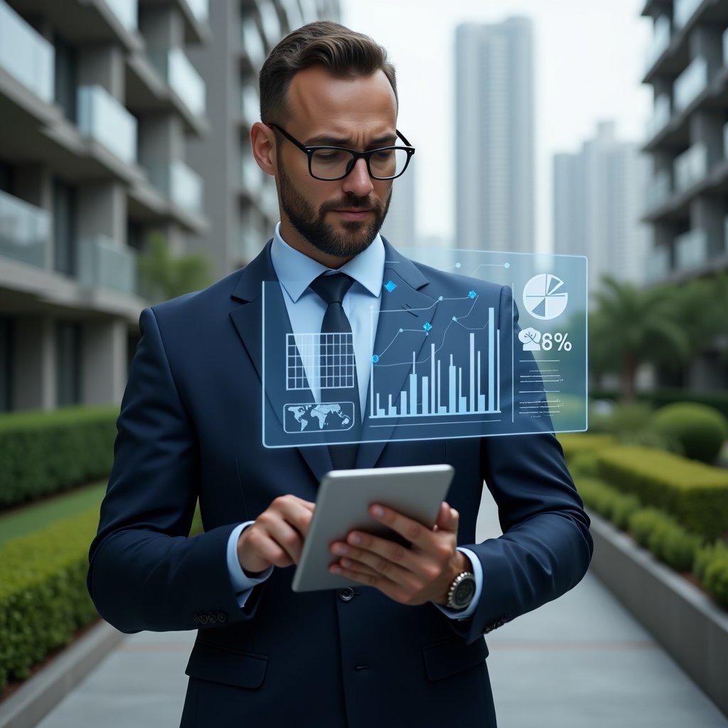 (Ultra-realistic condominium manager in a navy blue business suit, set in a modern luxury condominium environment with high-rise buildings and manicured green landscaping, holding a tablet displaying a holographic transparent financial report, examining interactive charts with a confident expression, floating pie chart and bar graph icons symbolizing clear accounting, cinematic lighting, shallow depth of field, highly detailed textures, realistic skin, photographic realism, 8k resolution --ar 1:1 --v 6)