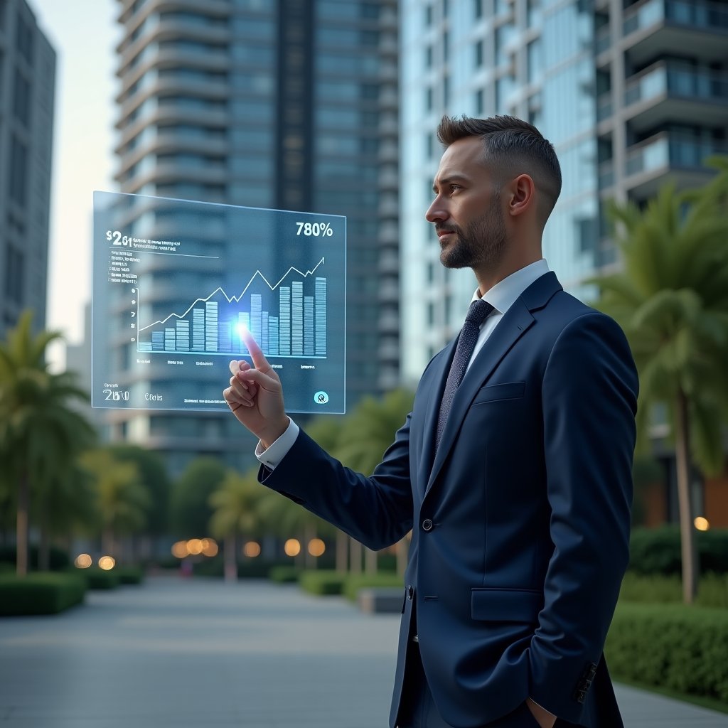 (Ultra-realistic condominium manager in a navy blue executive suit, set in a modern luxury condominium environment with high-rise glass buildings and meticulously manicured green landscaping, standing in a sleek lobby while confidently pointing at a glowing holographic financial dashboard displaying clear accounting graphs symbolizing transparent reporting, cinematic lighting, shallow depth of field, highly detailed textures, realistic skin, photographic realism, 8k resolution --ar 1:1 --v 6)