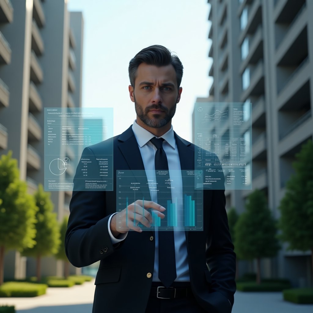 (Ultra-realistic professional condo manager in a dark tailored suit, set in a modern luxury condominium environment with high-rise buildings and manicured green landscaping, medium shot examining holographic financial charts and transparent spreadsheet overlays symbolizing transparency, confident and thoughtful expression, cinematic lighting, shallow depth of field, highly detailed textures, realistic skin, photographic realism, 8k resolution --ar 1:1 --v 6)