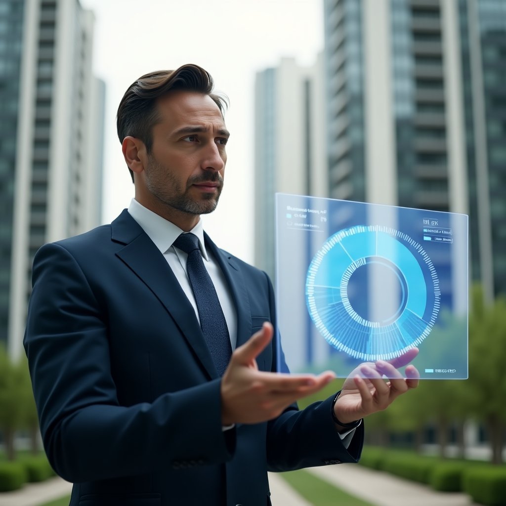 Ultra-realistic condominium manager in a tailored navy suit, set in a modern luxury condominium environment with high-rise buildings and lush green landscaping, holding and analyzing a transparent holographic pie chart illustrating fair expense allocation per unit, with a focused and confident expression, cinematic lighting, shallow depth of field, highly detailed textures, realistic skin, photographic realism, 8k resolution --ar 1:1 --v 6