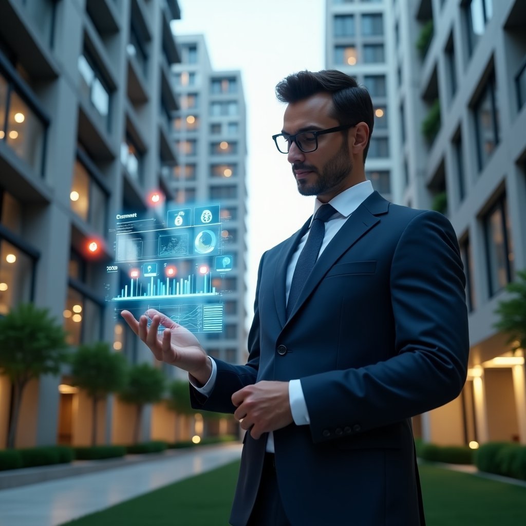 (Ultra-realistic condominium manager in a dark blue executive suit, set in a modern luxury condominium environment with high-rise buildings and manicured green landscaping, confidently examining a holographic display of financial charts and payment reminder icons, glowing calendar glyphs and digital coin symbols floating around, cinematic lighting, shallow depth of field, highly detailed textures, realistic skin, photographic realism, 8k resolution --ar 1:1 --v 6)