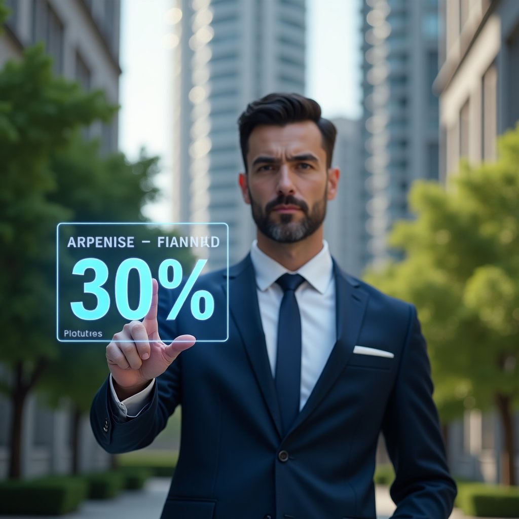 Ultra-realistic property manager in a tailored navy suit, set in a modern luxury condominium environment with high-rise buildings and lush green landscaping, pointing at a holographic financial dashboard displaying a bold “30%” expense reduction graph, confident and focused expression, cinematic lighting, shallow depth of field, highly detailed textures, realistic skin, photographic realism, 8k resolution --ar 1:1 --v 6
