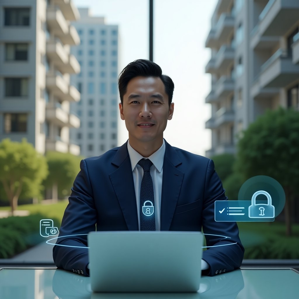 Ultra-realistic condominium manager in a navy blue tailored suit, set in a modern luxury condominium environment with high-rise buildings and manicured green landscaping, seated at a sleek glass table presenting a virtual assembly on a laptop with floating holographic agenda and voting icons, confident and focused expression, holographic padlock and checklist symbols hovering beside, cinematic lighting, shallow depth of field, highly detailed textures, realistic skin, photographic realism, 8k resolution --ar 1:1 --v 6