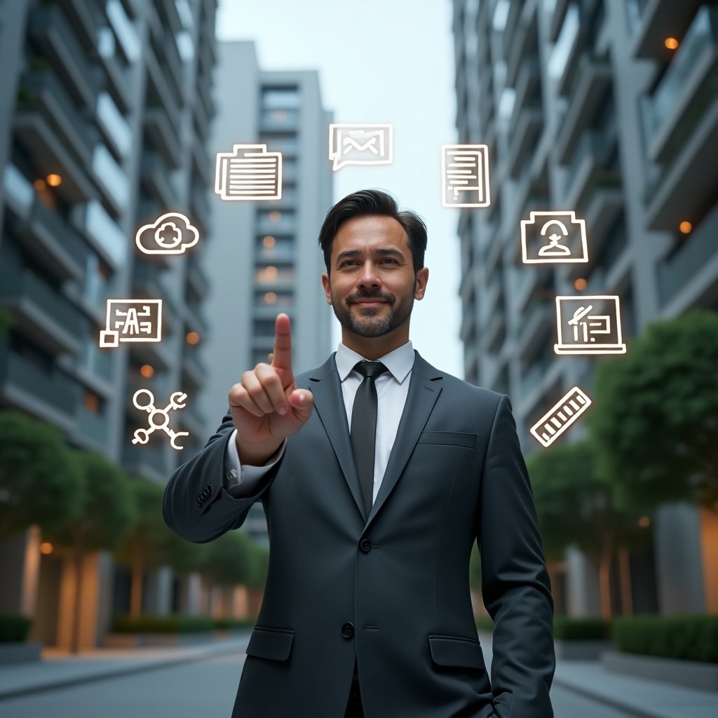 Ultra-realistic condominium manager in a charcoal grey suit, set in a modern luxury condominium environment with high-rise buildings and manicured greenery, confidently pointing at a holographic interface of seven floating icons—each symbolizing budgeting, communication, documentation, maintenance, procurement, technology, and security—with caution and checkmark symbols, cinematic lighting, shallow depth of field, highly detailed textures, realistic skin, photographic realism, 8k resolution --ar 1:1 --v 6