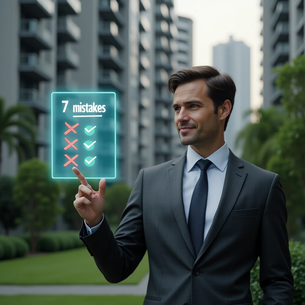(Ultra-realistic condominium manager in a tailored charcoal gray suit, set in a modern luxury condominium environment with high-rise buildings and manicured green landscaping, medium shot pointing confidently at a holographic checklist labeled “7 mistakes” with red X’s and green check marks, symbolizing error prevention, cinematic lighting, shallow depth of field, highly detailed textures, realistic skin, photographic realism, 8k resolution --ar 1:1 --v 6)