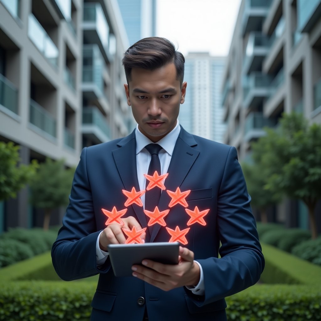 Ultra-realistic condominium manager in a navy blue suit, set in a modern luxury condominium environment with high-rise buildings and lush green landscaping, mid-shot close-up holding a tablet displaying a digital dashboard with seven red warning icons crossed out, expression confident and analytical, holographic icons representing communication, planning, maintenance, finance, bureaucracy, security and transparency floating around, cinematic lighting, shallow depth of field, highly detailed textures, realistic skin, photographic realism, 8k resolution --ar 1:1 --v 6