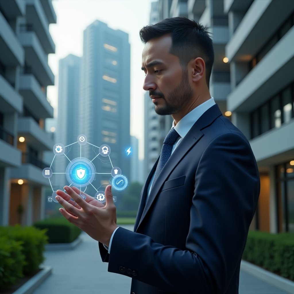 Ultra-realistic condominium manager in a dark blue suit, set in a modern luxury condominium environment with high-rise buildings and green landscaping, inspecting a holographic building automation interface with floating icons of a security shield, gears and energy bolt, confident and focused expression, cinematic lighting, shallow depth of field, highly detailed textures, realistic skin, photographic realism, 8k resolution --ar 1:1 --v 6