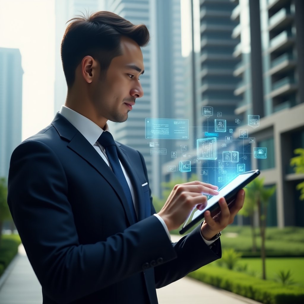 Ultra-realistic condominium manager in a tailored navy suit, set in a modern luxury condominium environment with high-rise buildings and manicured green landscaping, holding a tablet that projects holographic app icons, notifications and data charts in mid-air, confidently analyzing a digital dashboard, cinematic lighting, shallow depth of field, highly detailed textures, realistic skin, photographic realism, 8k resolution --ar 1:1 --v 6