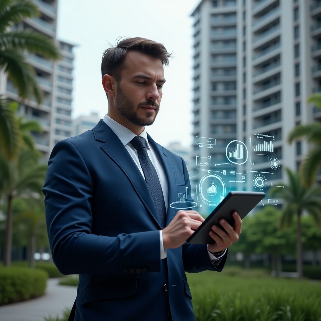 (Ultra-realistic condominium manager in a navy blue suit, set in a modern luxury condominium environment with high-rise buildings and lush green landscaping, holding a digital tablet with holographic management app icons and floating data charts, analyzing performance metrics with a confident, focused expression, cinematic lighting, shallow depth of field, highly detailed textures, realistic skin, photographic realism, 8k resolution --ar 1:1 --v 6)