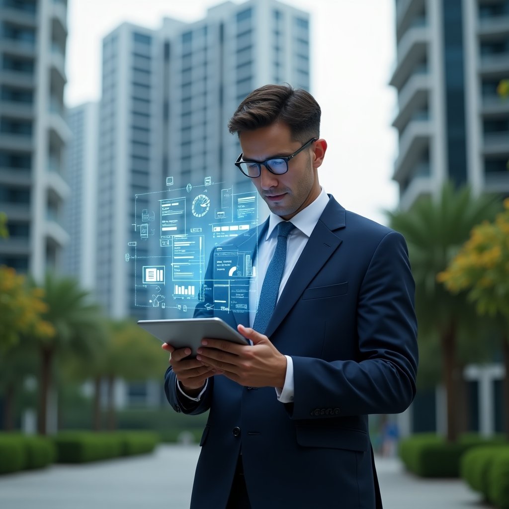 Ultra-realistic condominium manager in a navy tailored suit, set in a modern luxury condominium environment with high-rise buildings and lush green landscaping, holding a digital tablet displaying floating holographic icons of building management, financial charts and app interface, confidently analyzing data, cinematic lighting, shallow depth of field, highly detailed textures, realistic skin, photographic realism, 8k resolution --ar 1:1 --v 6