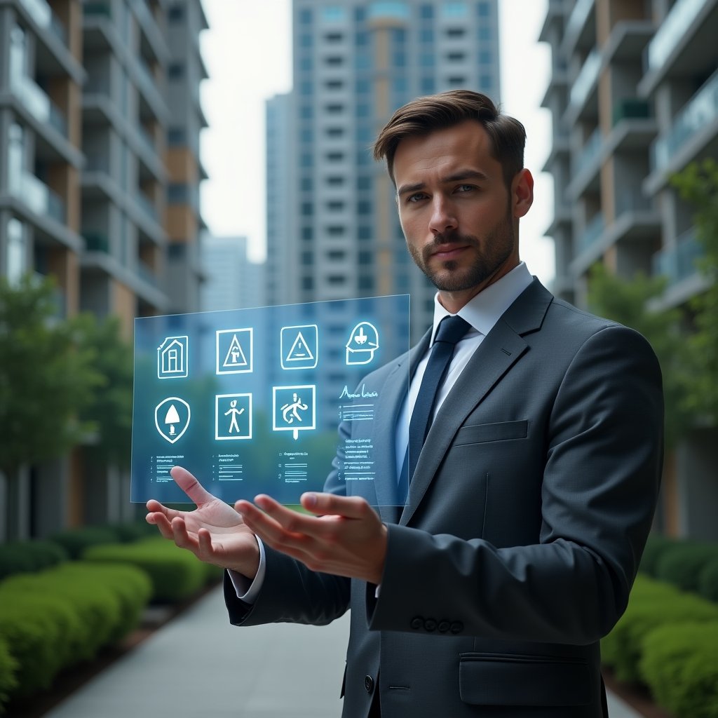Ultra-realistic professional condominium manager in a tailored charcoal suit, set in a modern luxury condominium environment with high-rise buildings and manicured green landscaping, analyzing a floating holographic dashboard showing seven alert icons and process optimization charts, confident expression, cinematic lighting, shallow depth of field, highly detailed textures, realistic skin, photographic realism, 8k resolution --ar 1:1 --v 6