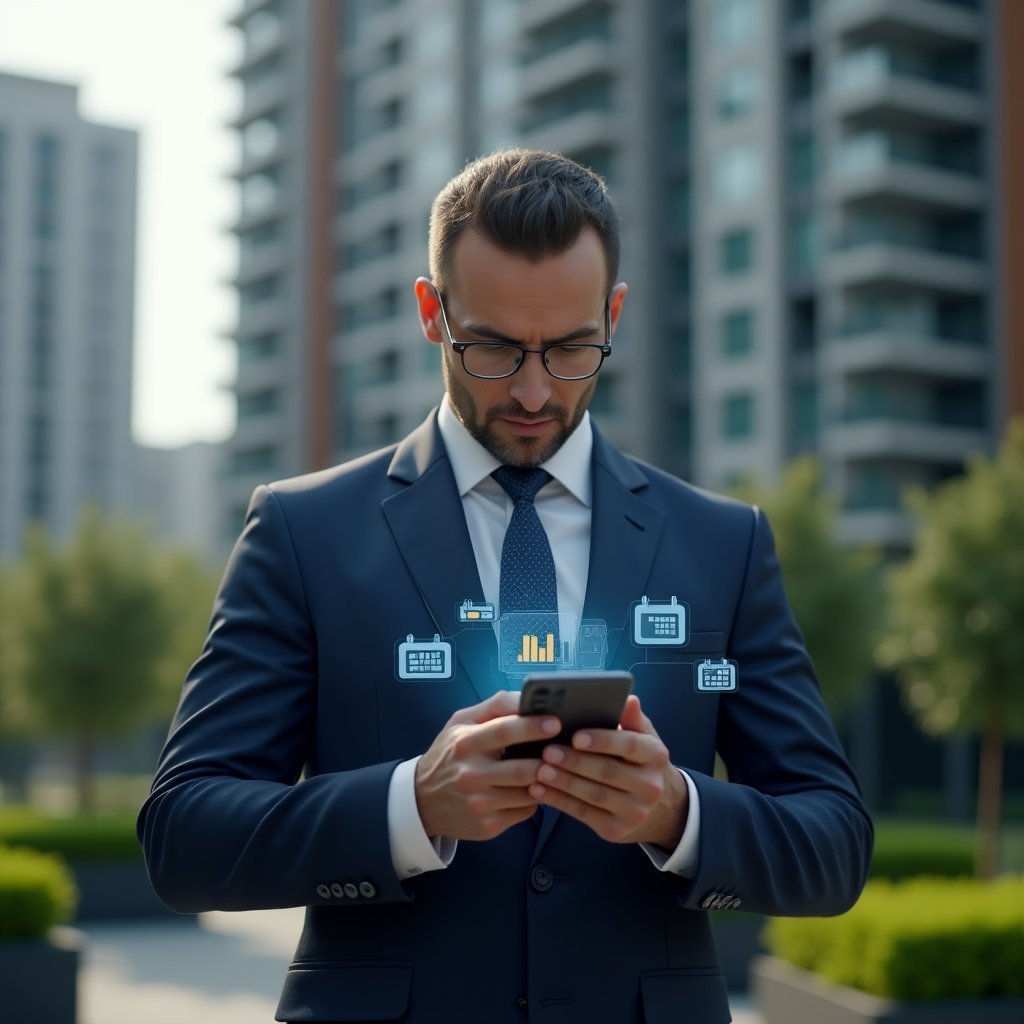 (Ultra-realistic condominium manager in a navy blue suit, set in a modern luxury condominium environment with high-rise buildings and lush green landscaping, medium shot holding a sleek smartphone displaying a holographic management dashboard with calendars, financial graphs and chat icons, confident and focused expression, cinematic lighting, shallow depth of field, highly detailed textures, realistic skin, photographic realism, 8k resolution --ar 1:1 --v 6)