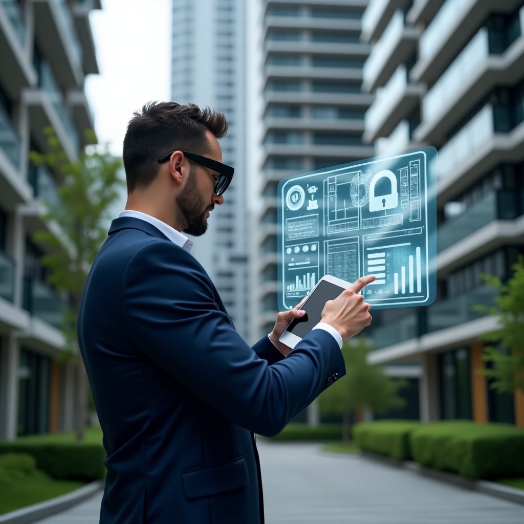 (Ultra-realistic condominium manager in a navy blue suit, set in a modern luxury condominium environment with high-rise buildings and green landscaping, mid shot confidently holding a tablet and pointing at a floating holographic interface displaying floor plans, efficiency graphs and security padlock icons, cinematic lighting, shallow depth of field, highly detailed textures, realistic skin, photographic realism, 8k resolution --ar 1:1 --v 6)