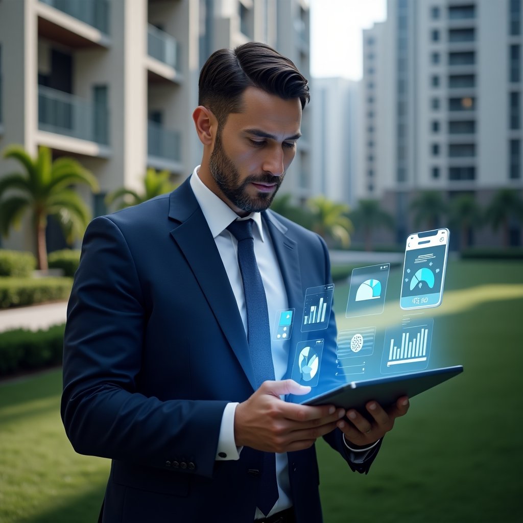 Ultra-realistic condominium manager in a navy blue business suit, set in a modern luxury condominium environment with high-rise buildings and manicured green landscaping, reviewing a digital tablet with floating holographic pie charts, checklist icons and a smartphone app interface, confident and contemplative expression, cinematic lighting, shallow depth of field, highly detailed textures, realistic skin, photographic realism, 8k resolution --ar 1:1 --v 6