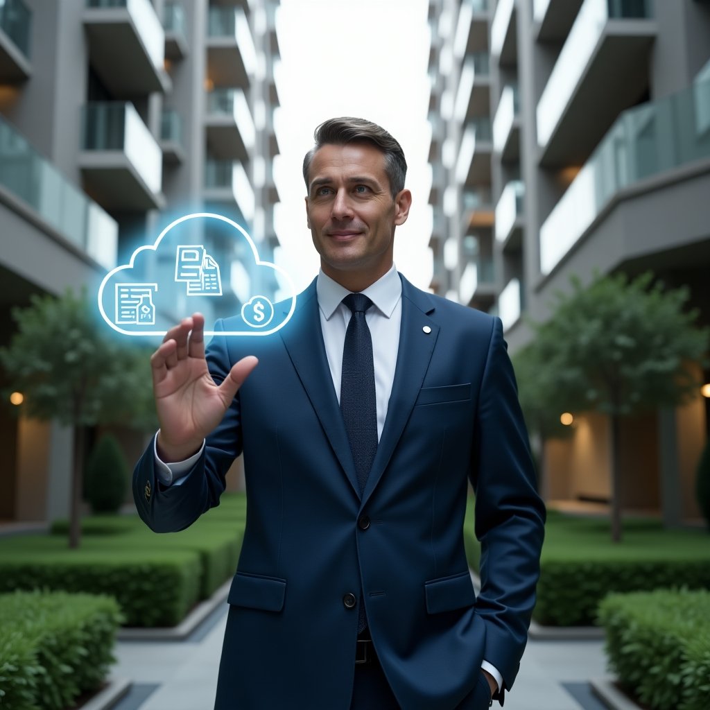 Ultra-realistic condominium manager in a navy executive suit, set in a modern luxury condominium environment with high-rise buildings and manicured green landscaping, standing and interacting with floating holographic document icons and cloud storage symbols, confident and focused expression, cinematic lighting, shallow depth of field, highly detailed textures, realistic skin, photographic realism, 8k resolution --ar 1:1 --v 6