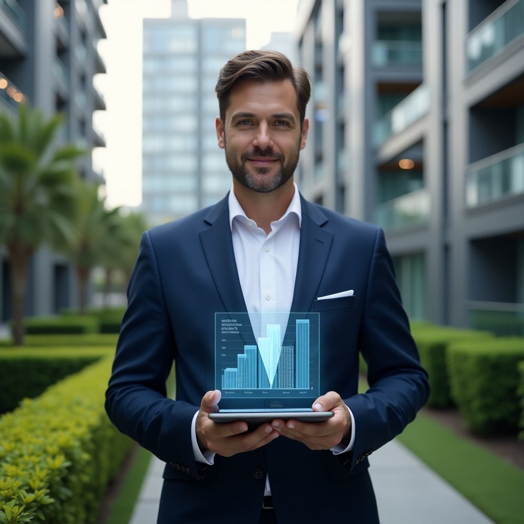 Ultra-realistic condominium manager in a tailored navy suit and crisp white shirt, set in a modern luxury condominium environment with high-rise buildings and manicured green landscaping, holding a tablet projecting transparent holographic financial charts and balance sheets, confident and focused expression, cinematic lighting, shallow depth of field, highly detailed textures, realistic skin, photographic realism, 8k resolution --ar 1:1 --v 6