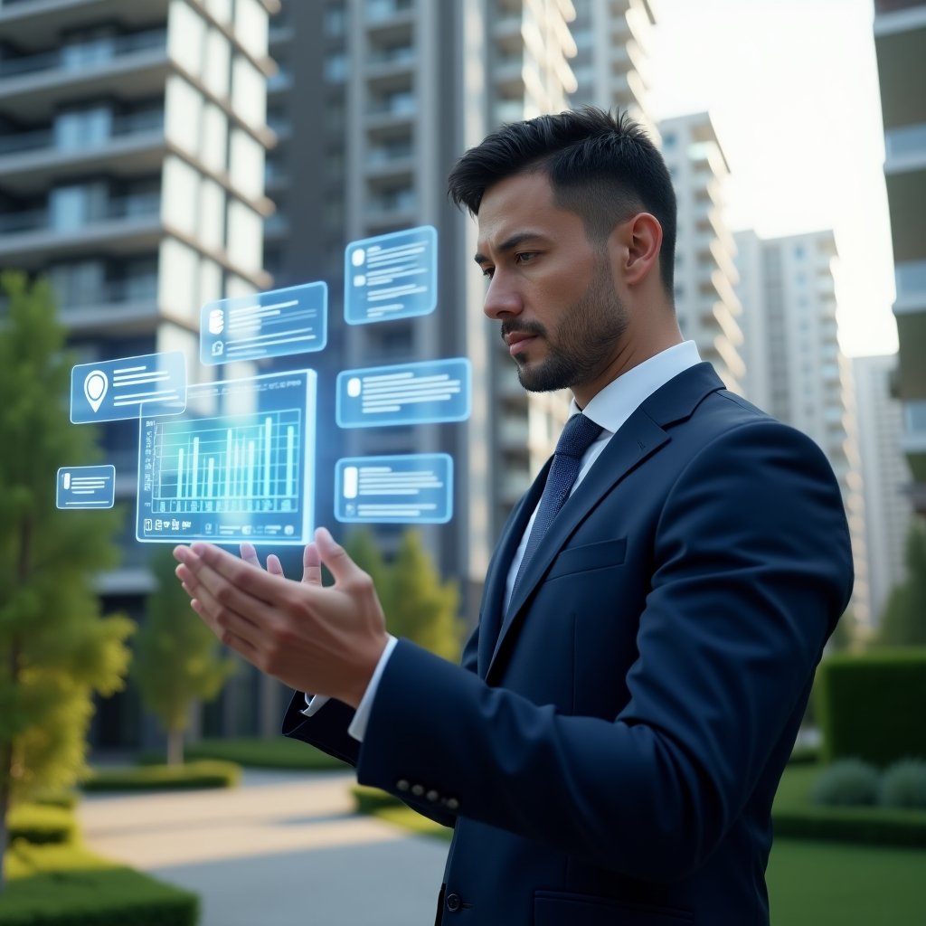 (Ultra-realistic condominium manager in a navy-blue executive suit, set in a modern luxury condominium environment with high-rise buildings and manicured green landscaping, mid-shot of the manager interacting with a floating holographic “condominium app” interface displaying chat bubbles, financial charts and task checklists, confident and focused expression, cinematic lighting, shallow depth of field, highly detailed textures, realistic skin, photographic realism, 8k resolution --ar 1:1 --v 6)