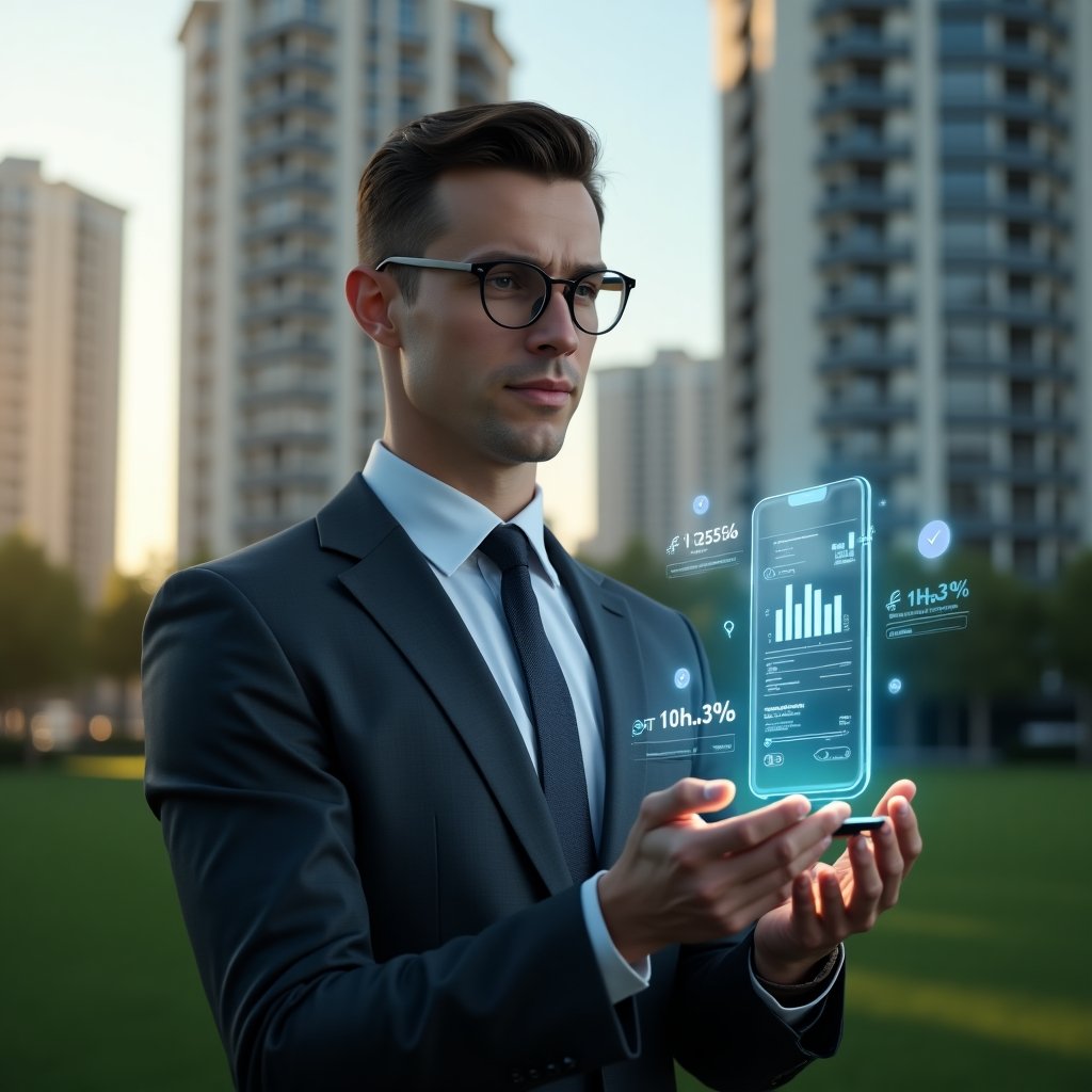 Ultra-realistic condominium manager in a dark gray executive suit, set in a modern luxury condominium environment with high-rise buildings and manicured green landscaping, medium shot, holding and analyzing a holographic smartphone interface displaying app comparisons, floating icons of charts, checkmarks and pricing tags, confident and thoughtful expression, cinematic lighting, shallow depth of field, highly detailed textures, realistic skin, photographic realism, 8k resolution --ar 1:1 --v 6