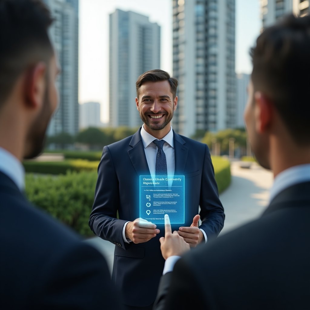 (Ultra-realistic condominium manager in a navy blue suit, set in a modern luxury condominium environment with high-rise buildings and green landscaping, engaging in a friendly discussion with residents while pointing at a holographic community rulebook icon, cinematic lighting, shallow depth of field, highly detailed textures, realistic skin, photographic realism, 8k resolution --ar 1:1 --v 6)